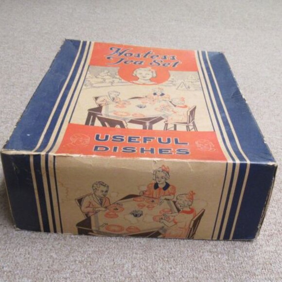 McKee Glass Custard LAUREL Red Trim 14 Pc Childs Hostess Tea Set O. Display Box - Picture 7 of 8